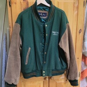 Vintage Green Wool and Brown Leather Varsity Jacket By Luna Pier Large